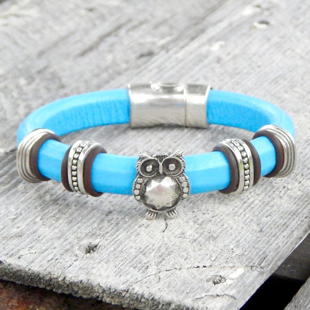 OWL Bracelet - Regaliz Licorice Leather - Owl - Slider Charm - HANDMADE in USA